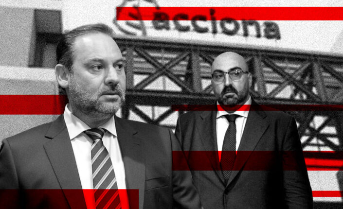 Ilustración con José Luis Ábalos y Koldo García, con la sede de Acciona de fondo.