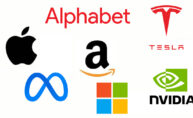 Logos de Alphabet, Meta, Amazon, Microsoft, Tesla, Nvidia y Apple