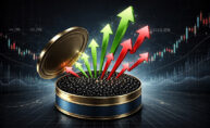 Ilustración que mezcla una lata de caviar, señales de trading, flechas rojas y verdes